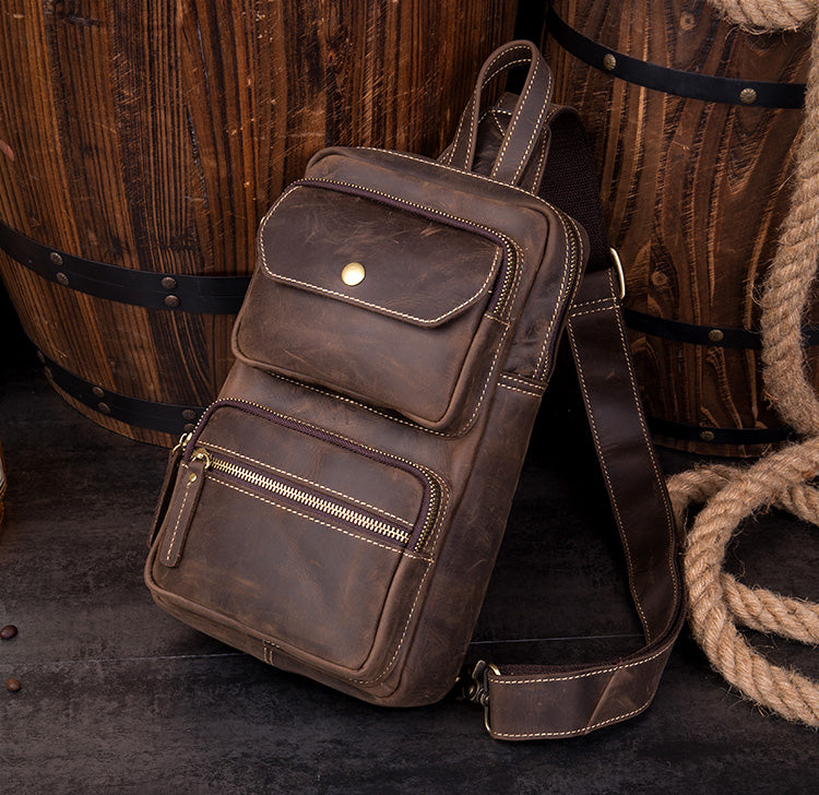 Cool Brown Leather Mens Sling Pack Sling Bags Coffee Crossbody Pack Ch ...