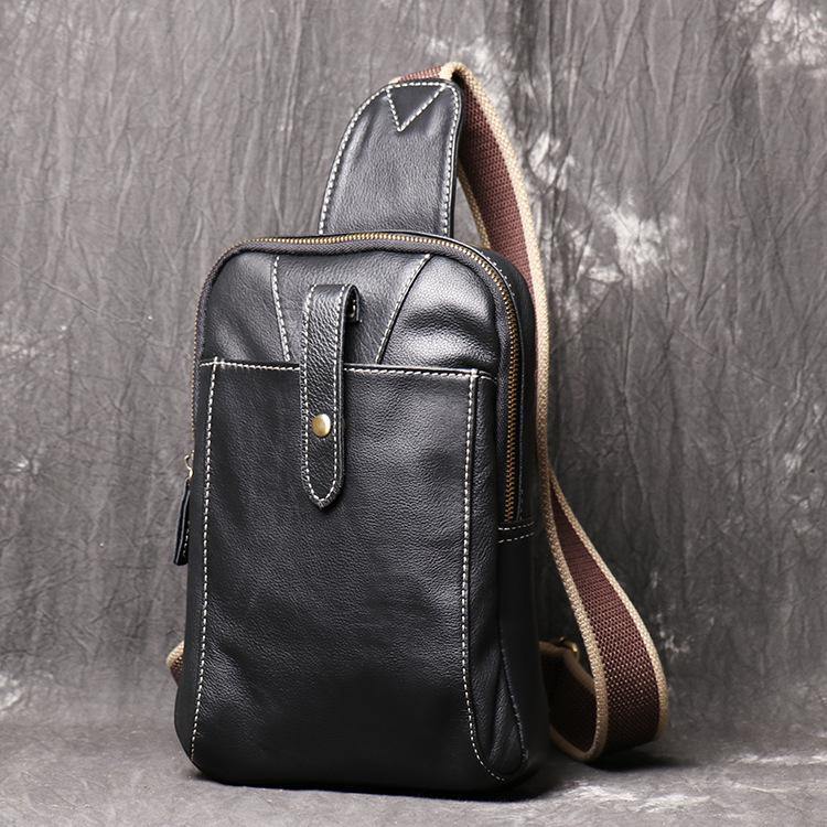 Fashion Black Leather Sling Backpack Men's Sling Bag Black Chest Bag O ...
