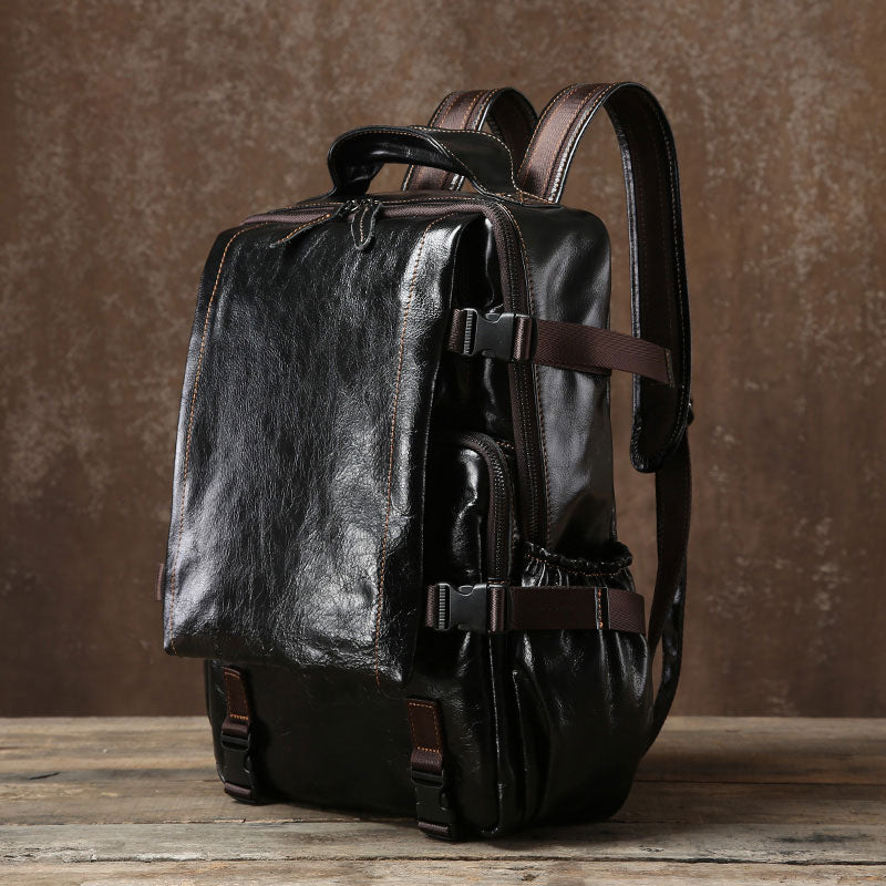 Genuine Leather Mens Cool Black Backpack Laptop Bag Large Travel Bag H – iwalletsmen
