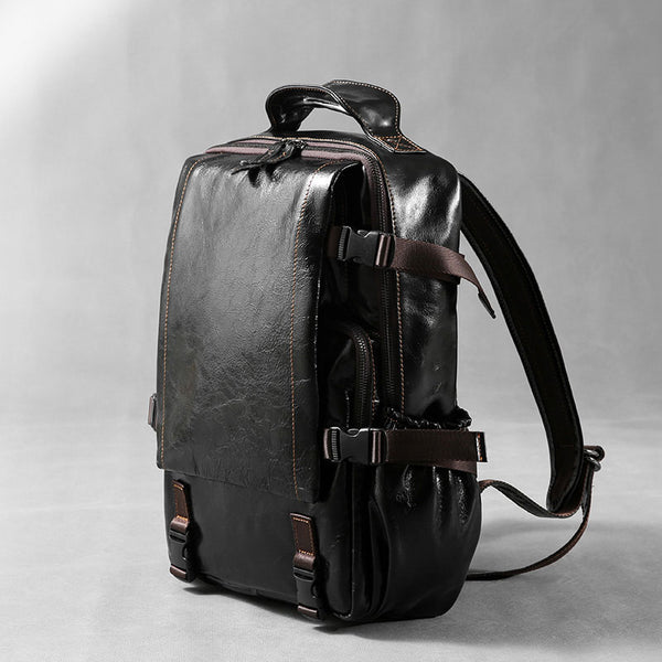 Genuine Leather Mens Cool Black Backpack Laptop Bag Large Travel Bag H – iwalletsmen