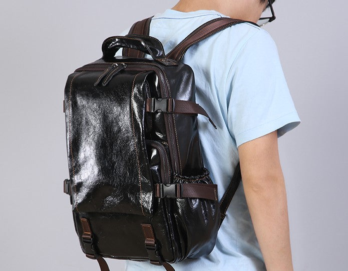 Genuine Leather Mens Cool Black Backpack Laptop Bag Large Travel Bag H ...