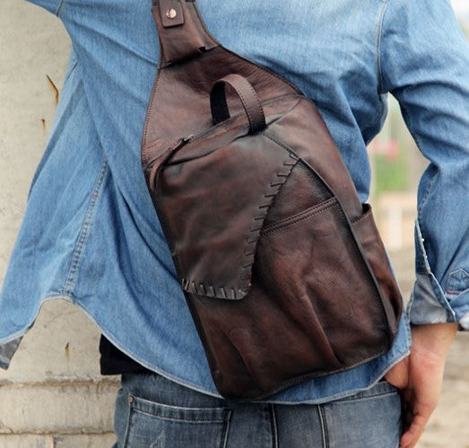 Genuine Leather Vintage Gray Mens Cool Sling Bag Crossbody Bag Chest B ...