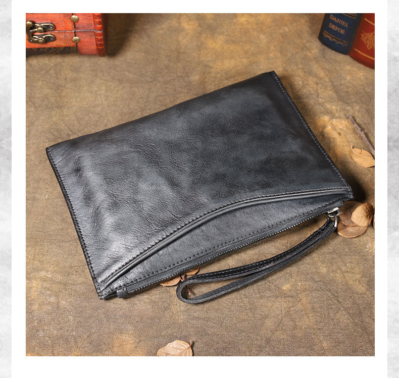 Handmade Leather Mens Brown Long Leather Wallet Wristlet Bag Envelope ...