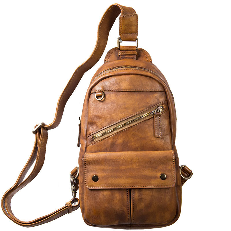 Leather Mens Cool Sling Bag Brown Crossbody Bag Chest Bag for men ...