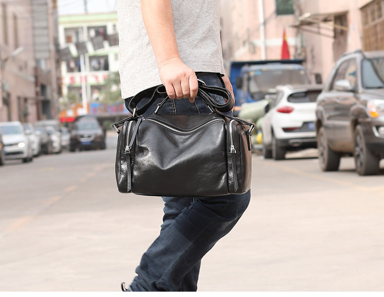 Fashion Black Leather Men's Small Barrel Side Bag Travel Bag Small Bla ...