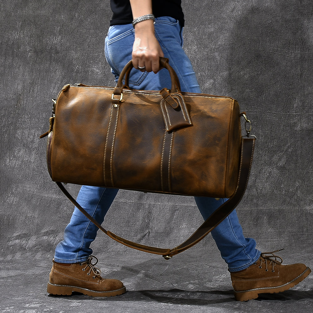 Retro Brown Leather Men's Business Overnight Bag Large Travel Bag Coff ...
