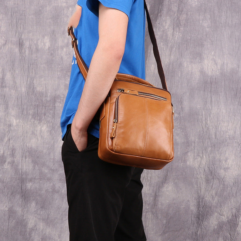 Cool Brown Leather Men's Small Vertical Side Bag Blue Vertical Messeng ...