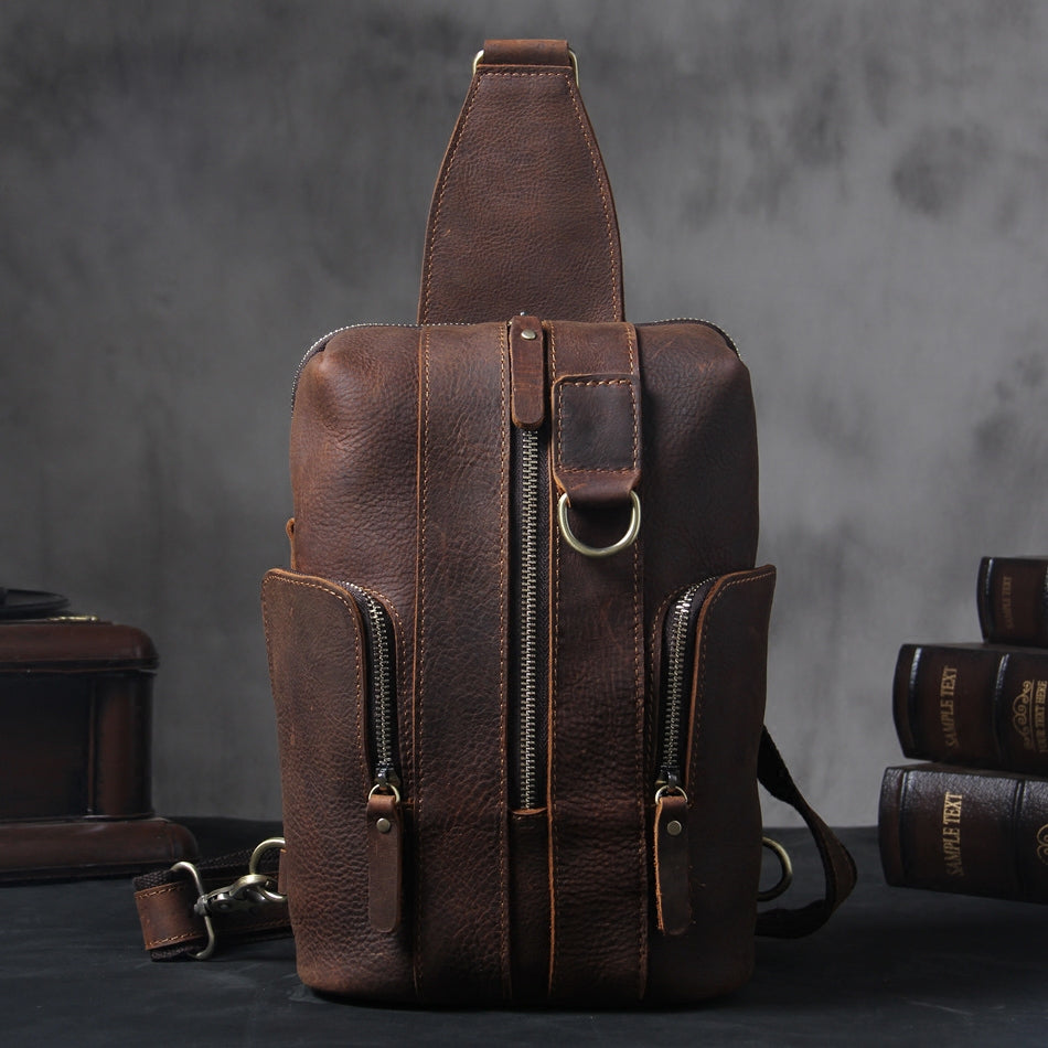 Handmade Genuine Leather Coffee Mens Cool Sling Pack Bag Crossbody Bag ...