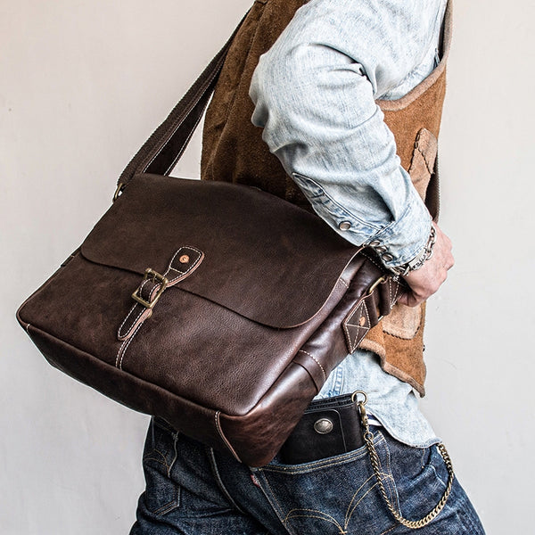 Genuine Leather Mens Messenger Bag Briefcase Laptop Bag Bike Bag Cycli ...