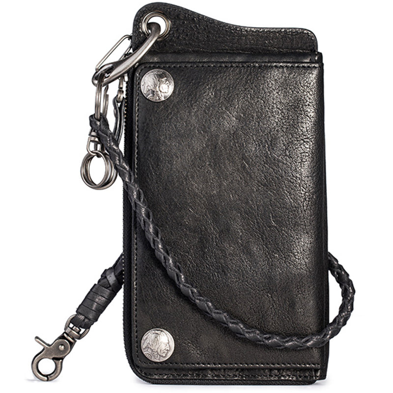 Genuine Mens Cool Long Leather Chain Wallet Cards Biker Trucker Wristl ...