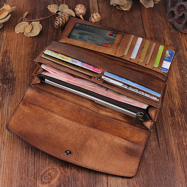 Handmade Leather Mens Cool Long Leather Wallet Trifold Clutch Wallet f ...