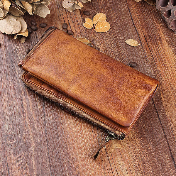 Handmade Leather Mens Cool Long Leather Wallet Bifold Clutch Wallet fo