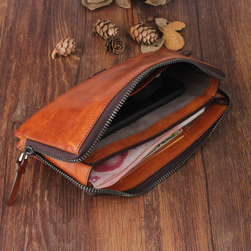 Handmade Leather Mens Cool Long Leather Wallet Bifold Clutch Wallet fo ...