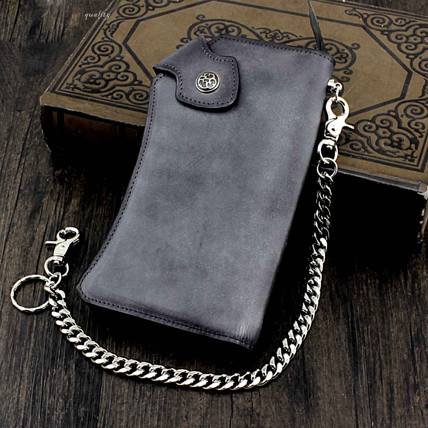 Vintage Gray Leather Men's Biker Chain Wallet Biker Wallet with Chain