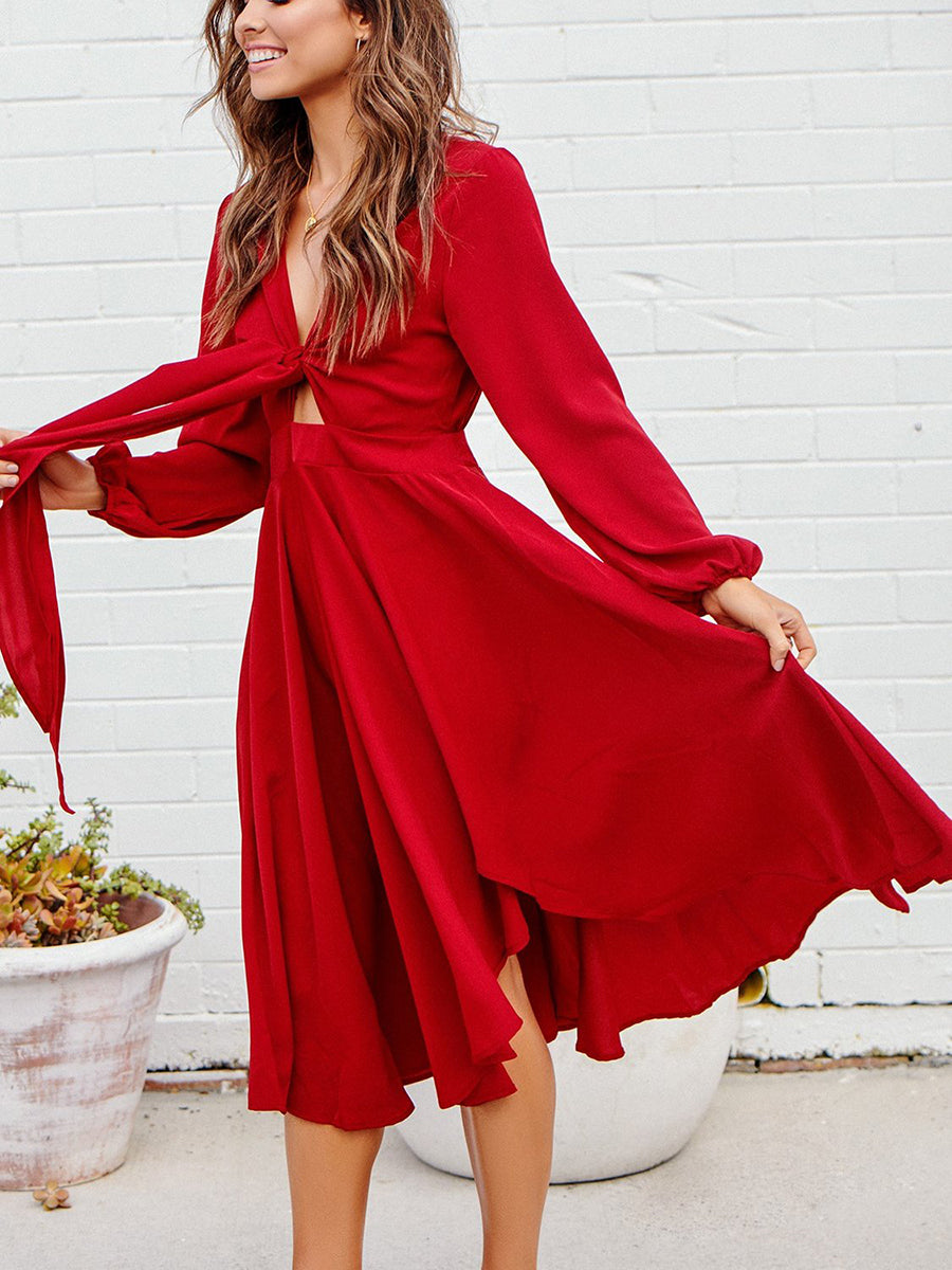 Tiefer V-Ausschnitt Lange Ärmel Gürtel Kleid Rot – CA Mode