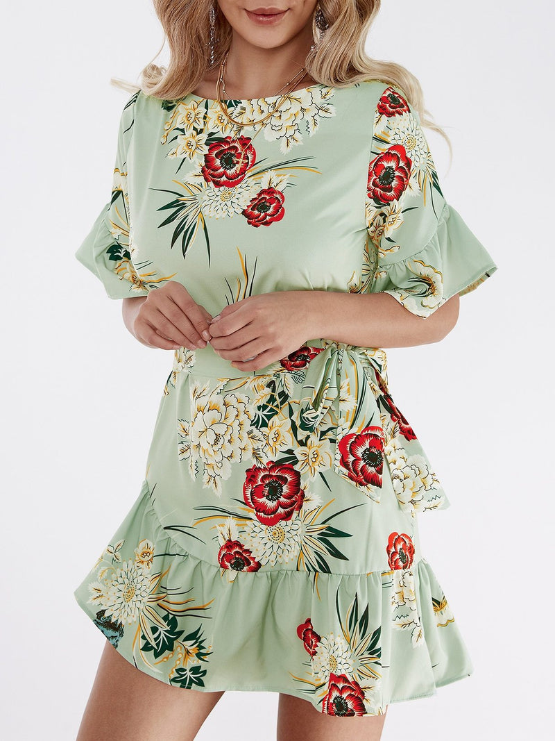 Halbe Hülse Blumen Gedruckt Rundhalsausschnitt Mini Kleid - CA Mode