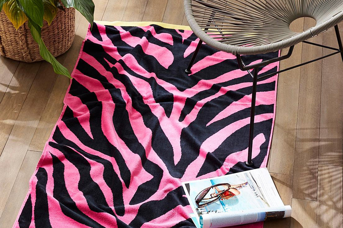 Zebra Print Beach Towel in Pink/Black