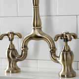 French Country Two-Handle 3-Hole Deck Mount Bridge Kitchen Faucet with Brass Sprayer