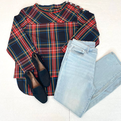 Plaid Flannel Blouse, Blue Jeans, Black flats