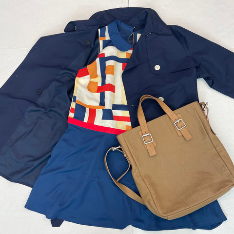 Modcloth mini dress, leather tote, navy trench coat