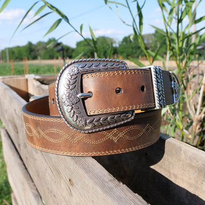 Ariat Mens Concho Ostrich Print Leather Belts Brown