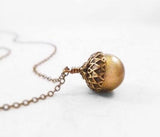 Golden Acorn Necklace - Swarovski pearl in antique bronze on thin delicate aged brass chain - Squirrel Forest Nut