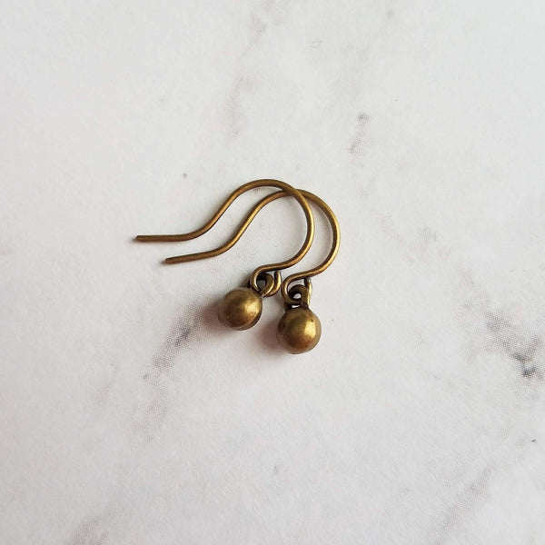 Tiny Ball Earrings - antique bronze/dark brass simple little round sphere on small delicate hook - petite minimalist orb charm dangle - Constant Baubling