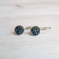 Metallic Blue Earrings - navy blue bumpy faux rock drusy/hypoallergenic stainless steel latching leverback - jagged iridescent drusy stone - Constant Baubling
