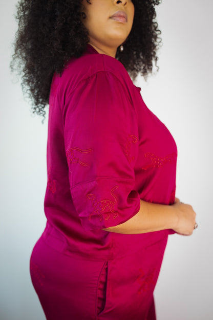 Burgundy loungewear set with embroidery