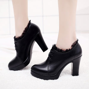 Petite Size Chunky Heel Platform Lace Pumps Booties AS163 - AstarShoes