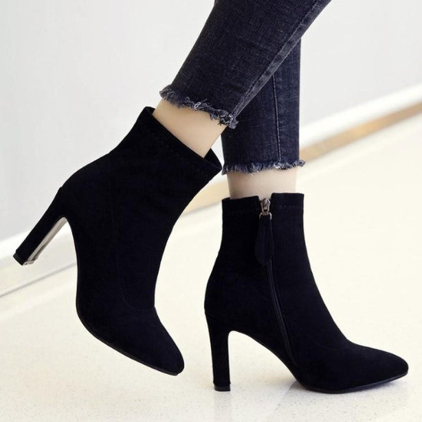 Petite Pointy Chunky Heel Side Zipper Suede Boots AS212 - AstarShoes