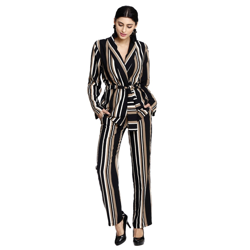 black and white striped pant suit