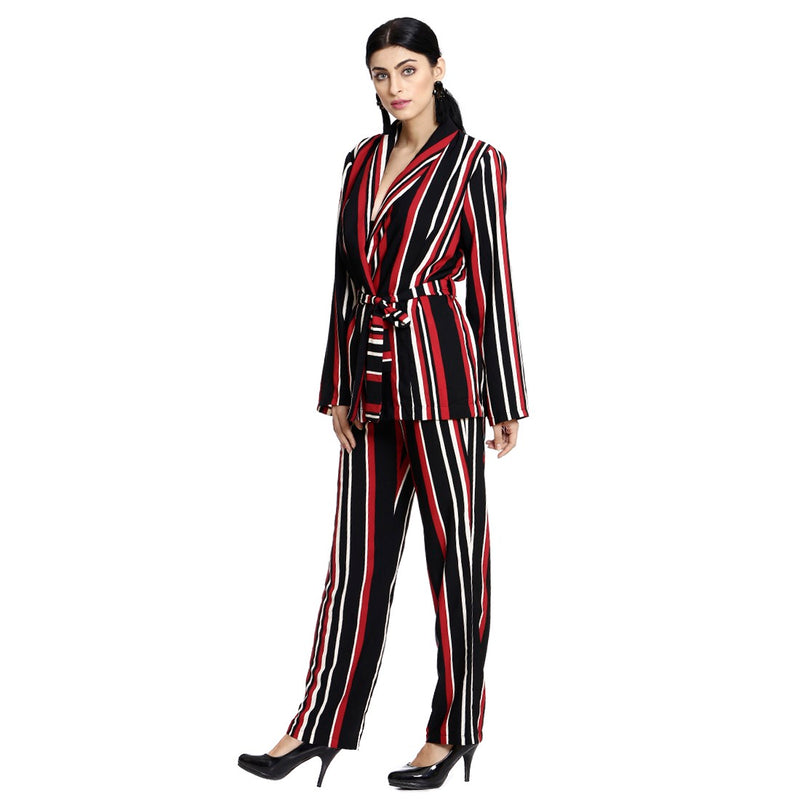 black and white striped pant suit