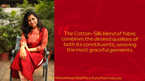 The model sits smiling while she wears a Maheshwari red cotton silk kurti