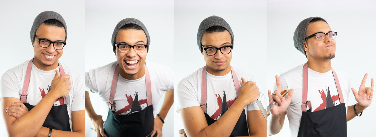 Chef Gabriel Lewis Wearing BeBops Black Eyeglasses and Cooking Apron