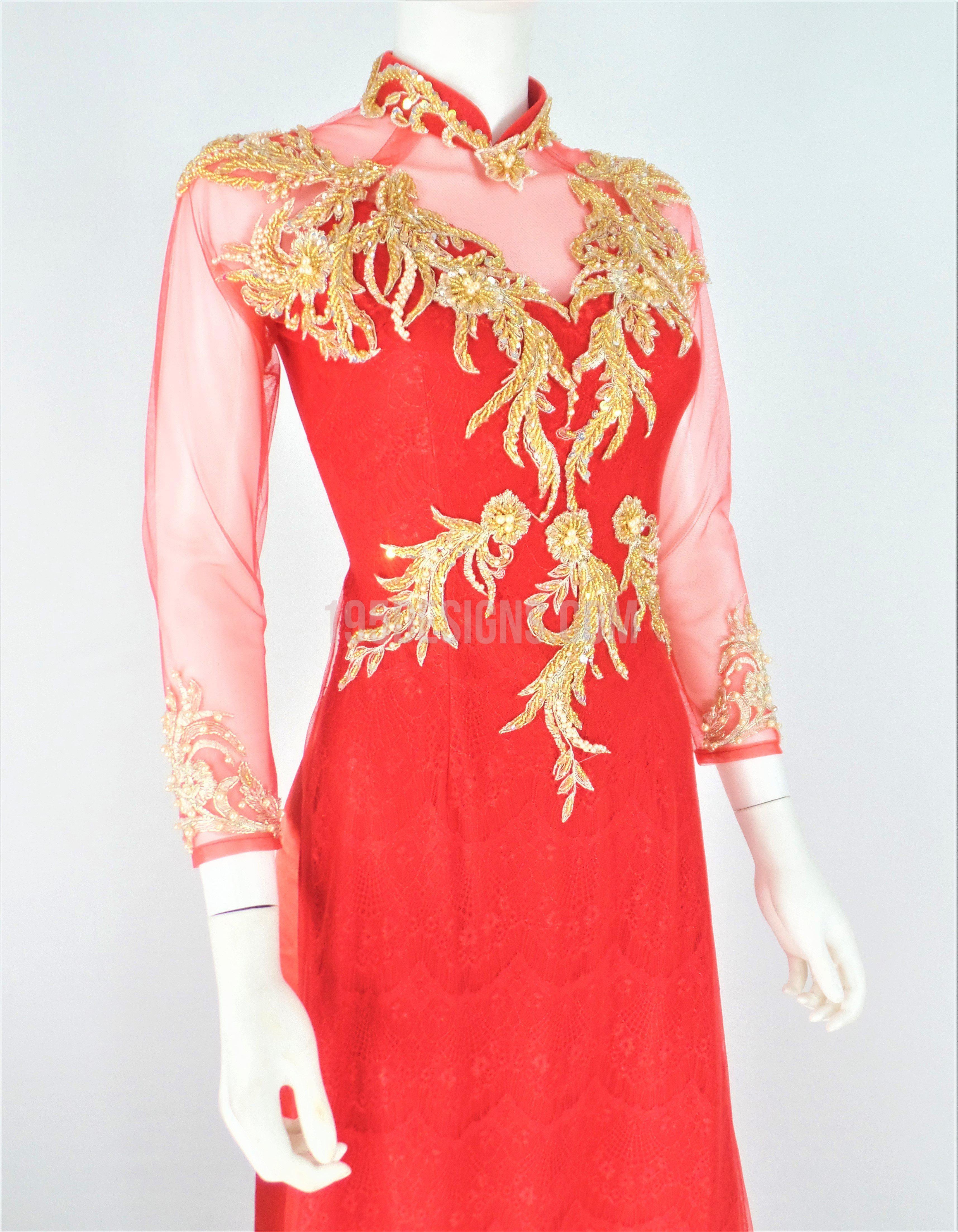 Red Ao Dai Crystal Vietnamese Long Dress Áo Dài Đỏ Đính Đá Cườm 195 Designs