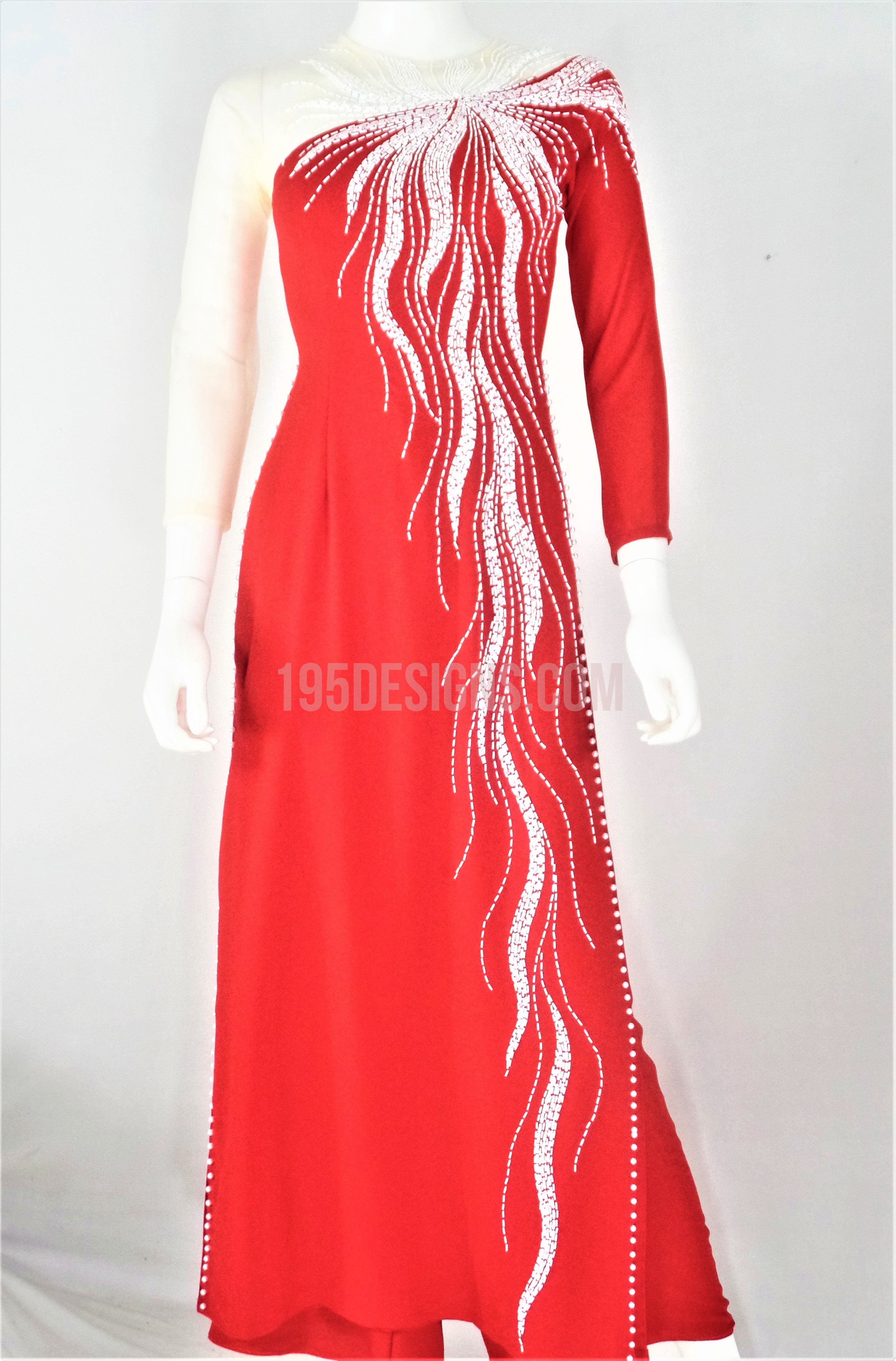 Red Vietnamese Long Dress / Áo Dài Lụa Đỏ Kết Cườm Tay Hai Màu ...
