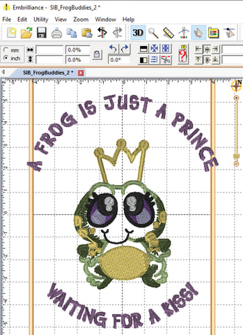 Picture of machine appliqued frog prince in software with curved text added above and below design