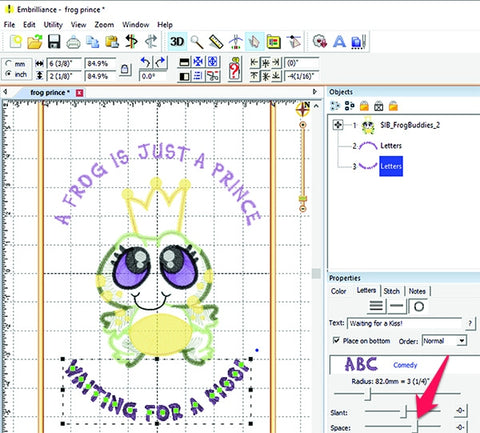 Picture of prince frog machine applique design in Embrilliance software.