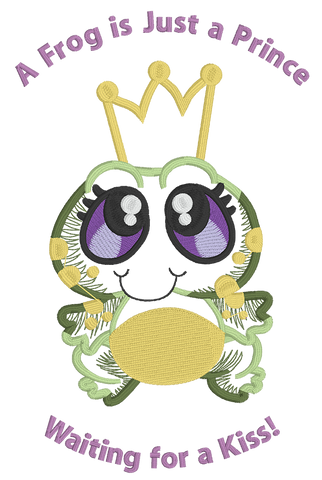 Picture of machine appliqued frog prince with curved text above and below.