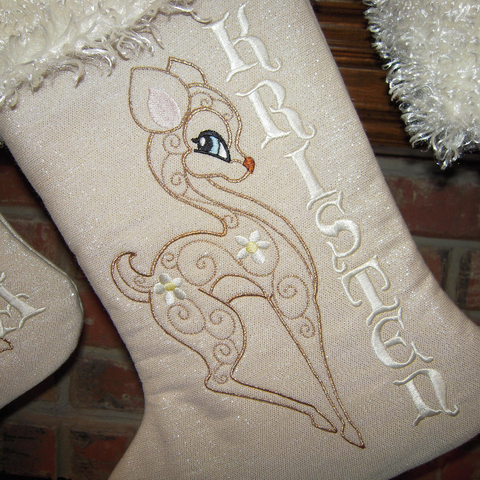 Picture of Vintage Deer machine embroidery on a Christmas stocking