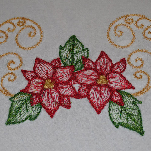 Picture of Painted Poinsettia using same color bobbin thread as top thread.