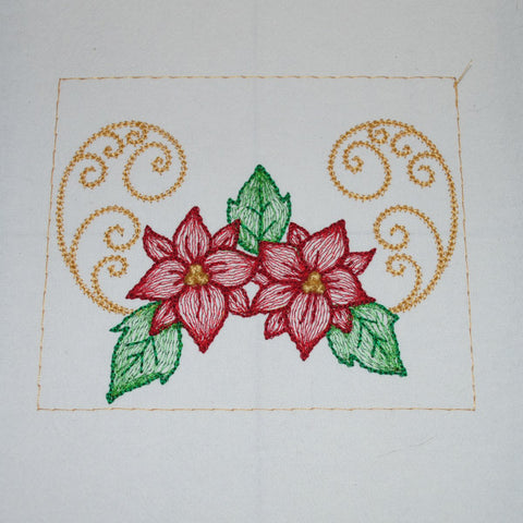 Picture of Painted Poinsettia machine embroidery with basting stitch added in hoop.