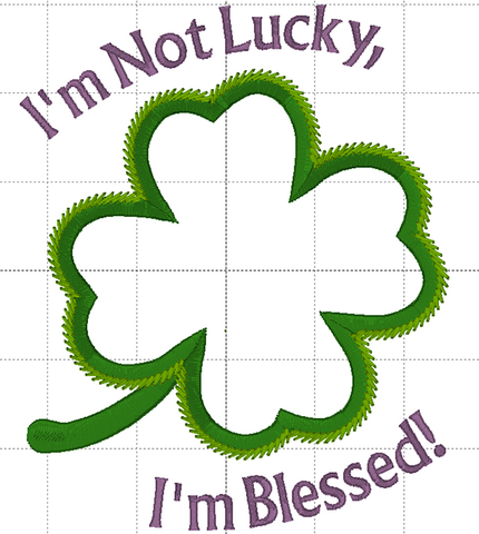 Picture of machine applique 4-leaf clover with text in circle around it at Sew Inspired by Bonnie