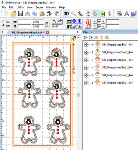 Picture of 6 machine embroidery designs aligned in Embrilliance software at Sew Inspired by Bonnie
