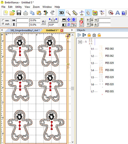 Picture of 6 machine embroidery designs color sorted in Embrilliance software at Sew Inspired by Bonnie