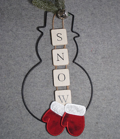 Picture of completed wire snow man with two free-standing machine applique mittens attached.