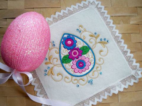 Eggsquisite Table Topper Tutorial Using Angelina Fibers and Hot-fix Crystals Tutorial from Sew Inspired by Bonnie