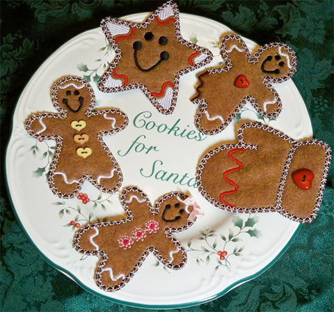 Picture of freestanding machine appliqued Christmas Cookies on plate at Sew Inspired by Bonnie