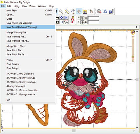 Picture of machine applique carrot and bunny designs being edited at Sew Inspired by Bonnie